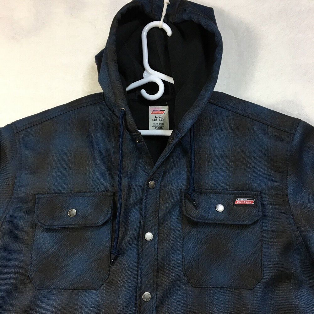 Dickies Jacket Mens LG 42/44 Blue Plaid Flannel‎ Fleece Lined Hooded Coat Snap